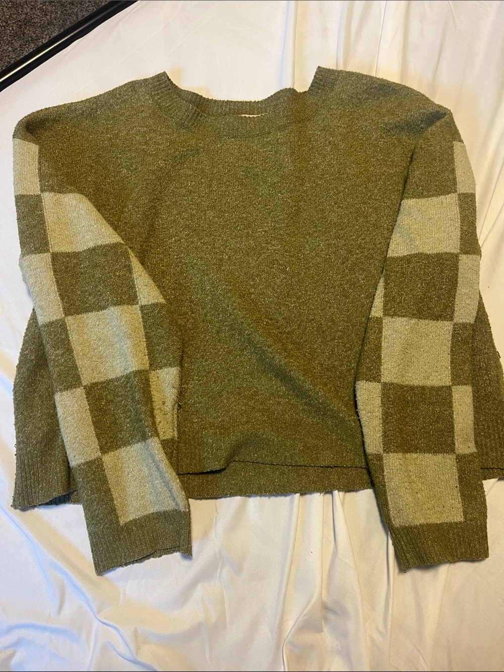 Blu Pepper Olive Green Crewneck Sweater with Checkerboard Sleeves